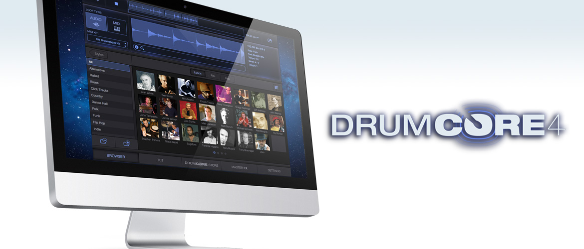 DrumCore 4 drum instrument plug-in (AAX/VST3/AU) with stereo 24 bit AUDIO loops + MIDI recordings of famous drummers in many styles