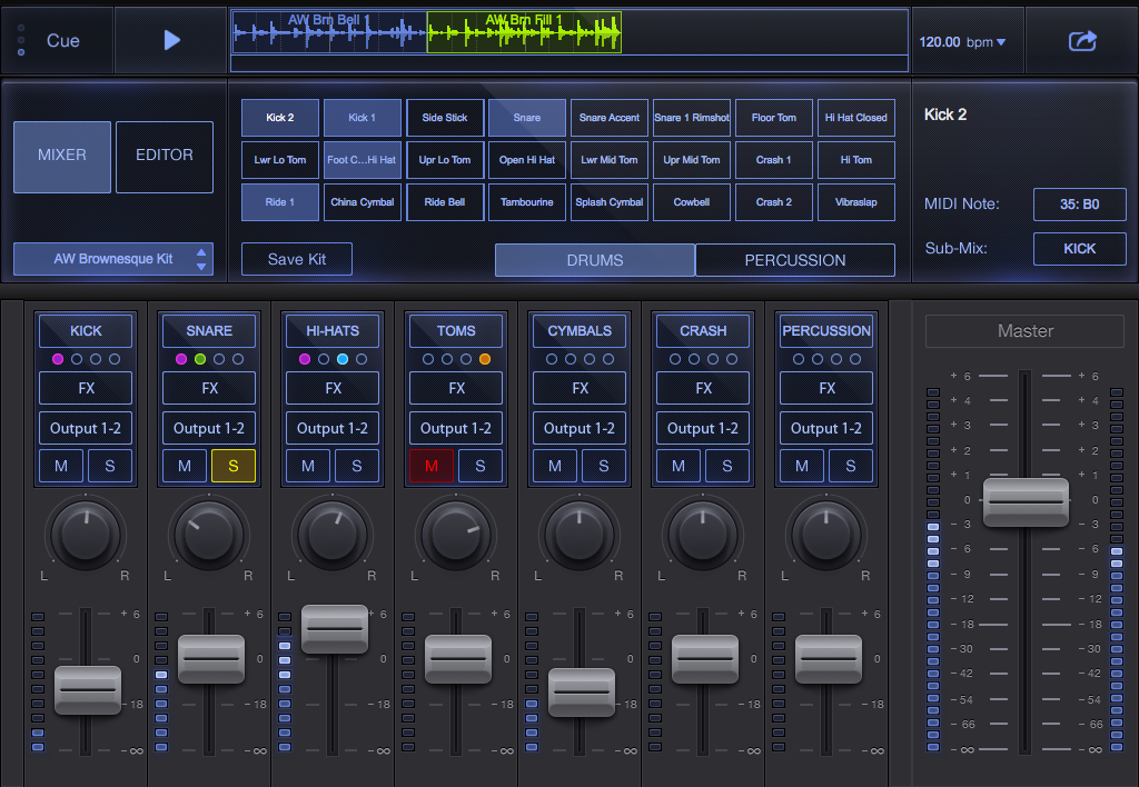 DrumCore 4 Kit Mixer Screen