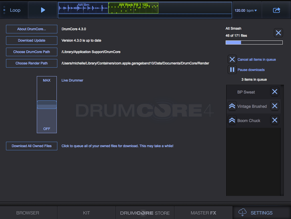 DrumCore 4 Settings Screen